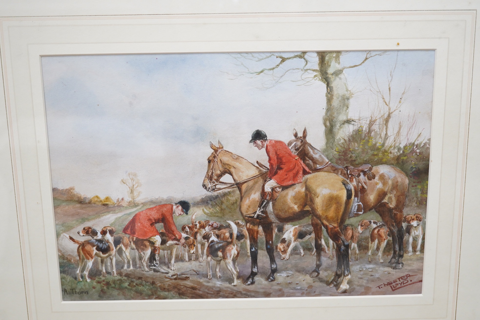 Thomas Ivester Lloyd (1873-1942), set of three watercolours, Hunting scenes with huntsmen on horseback with hounds, each is signed, 22 x 32cm. Condition - fair